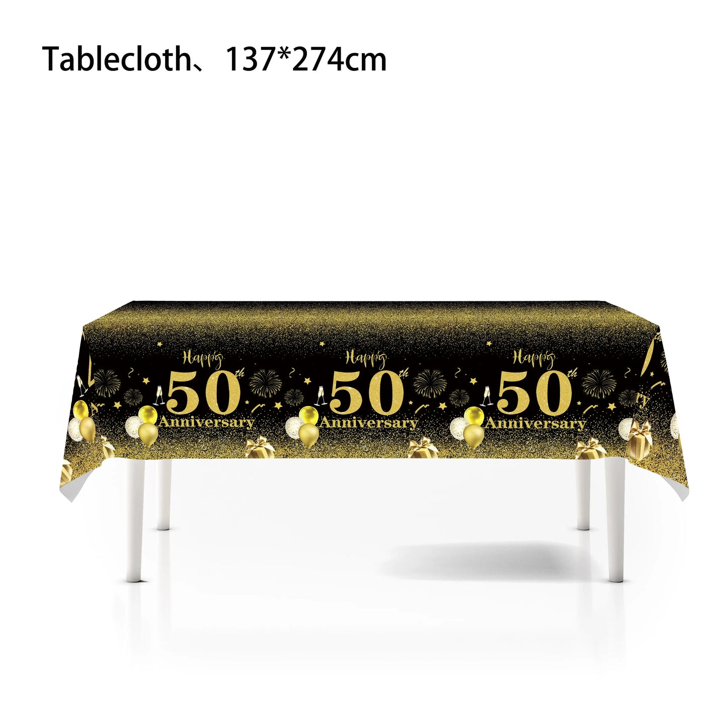 Happy 50th birthday party table supplies, black and gold theme, napkins, 7inch paper cups, tablecloth, plates, party decoration Good Vibrations