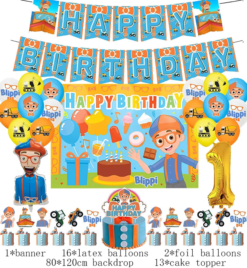 New Blippiing Birthday Party Decoration Foil Balloon Backdrop Banner Cake Topper Baby Birthday Party Supplies Good Vibrations