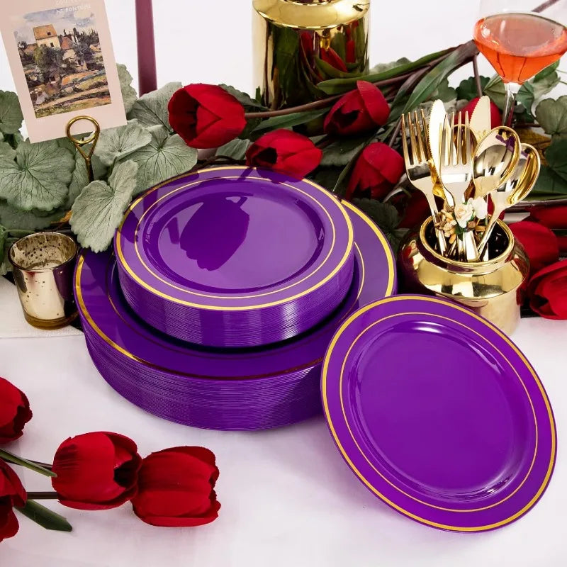 200PCS Halloween Purple Gold Plastic Plates with Gold Plastic Silverware,Purple Plastic Dinnerware Good Vibrations