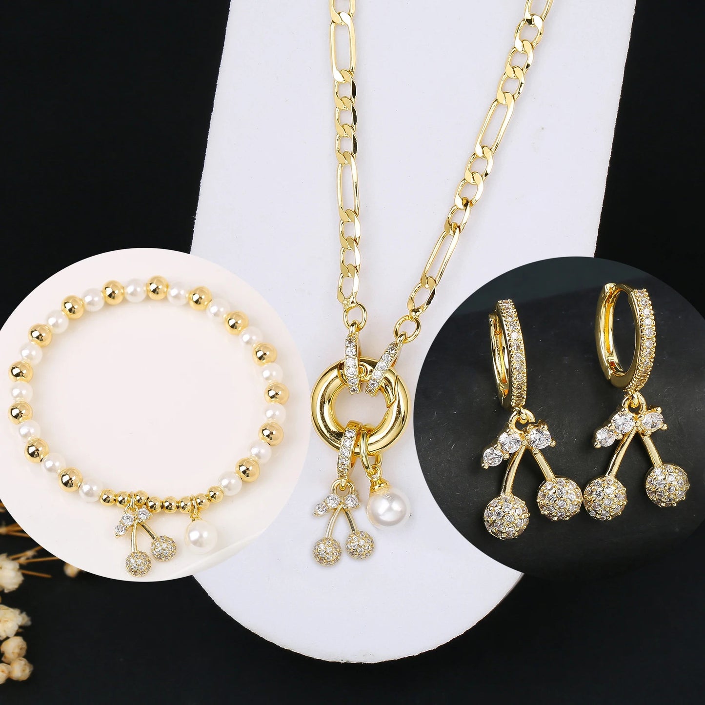 3pcs Hot Sale Shiny Zirconia Crystal Cherry Necklace Bracelet Earrings Jewelry Set Fashion for Woman Girl Wedding Lucky Jewelry Good Vibrations Adult Super Store