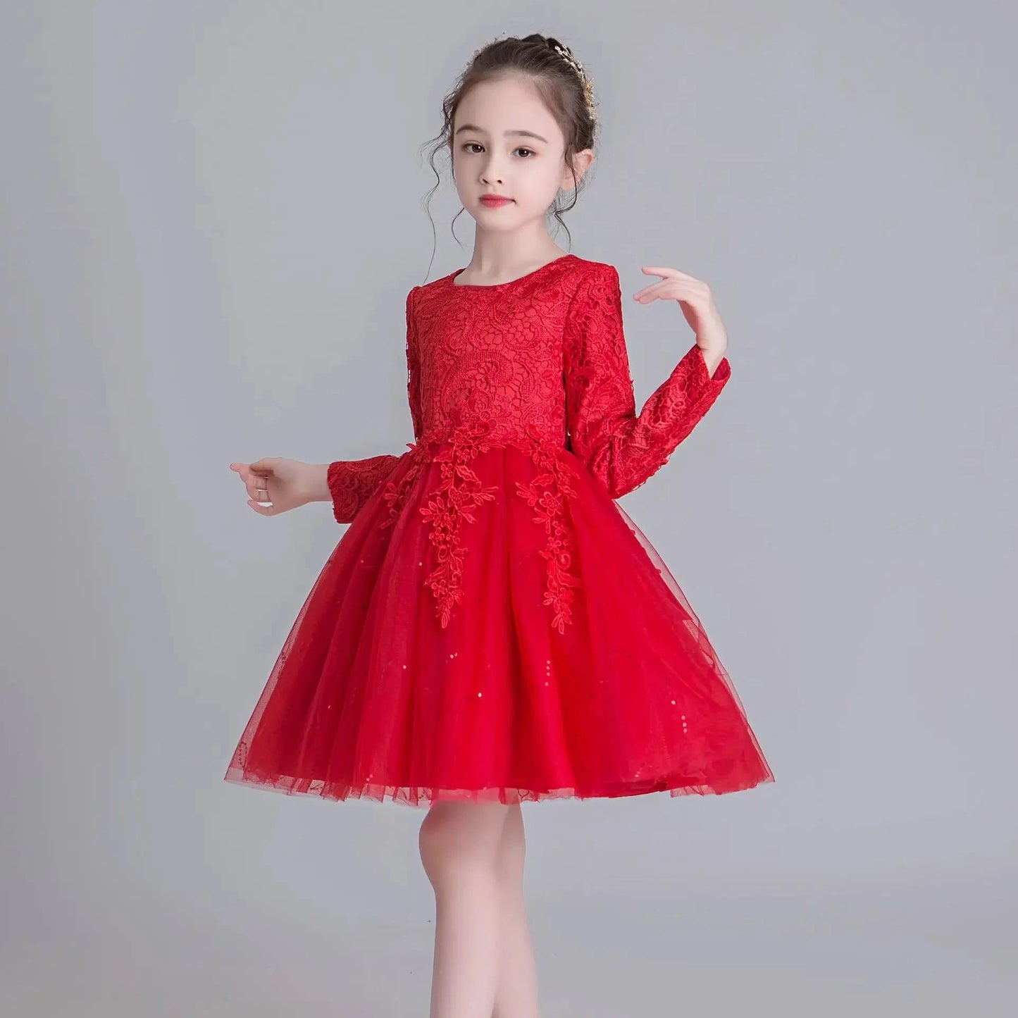 Fashion Flower Girl Dresses for Weddings Lace Long Sleeve Children Bridesmaid Dresses Spring Autumn Girls Party Dress 3-12 Years Good Vibrations