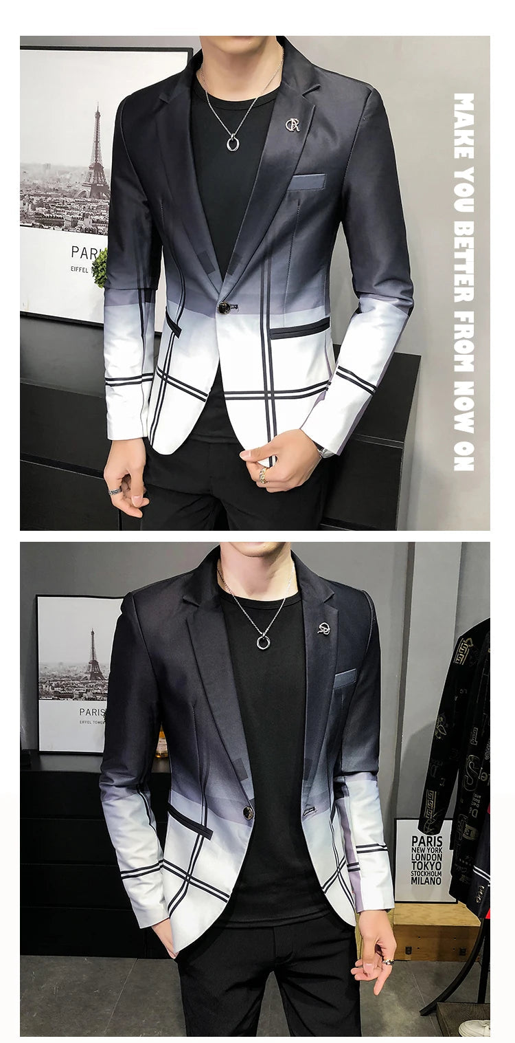 Blazer Men Boutique Fashion Plaid Men's Slim Casual Suit Jacket Male Ball Social Blazer Suit Coat Host Clothing Good Vibrations