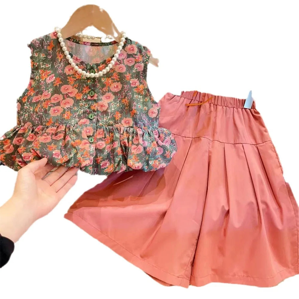 Girls Clothing Sets 2024 Summer New Children's Wear Ladies Style Fashion Floral Sleeveless Vest Top+wide Leg Skirt Pants 2-7Y Good Vibrations