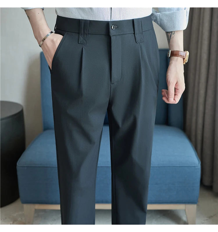 Men Straight Leg Suit Pants Summer Ice Silk Lightweight Elastic Waist Casual Loose Wide-leg Trousers Dress Pants Men Clothing