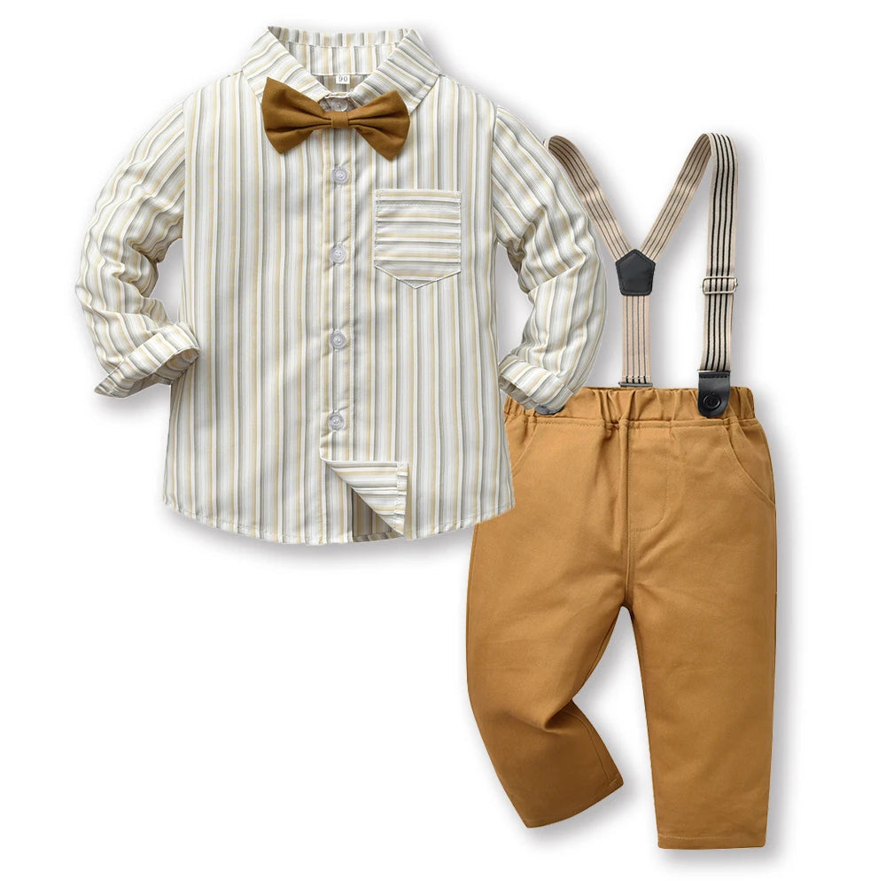 Top and Top Boys Clothing Sets Springs Autumn New Kids Boys Long Sleeve Plaid Bowtie Tops+Suspender Pants Casual Clothes Outfit Good Vibrations
