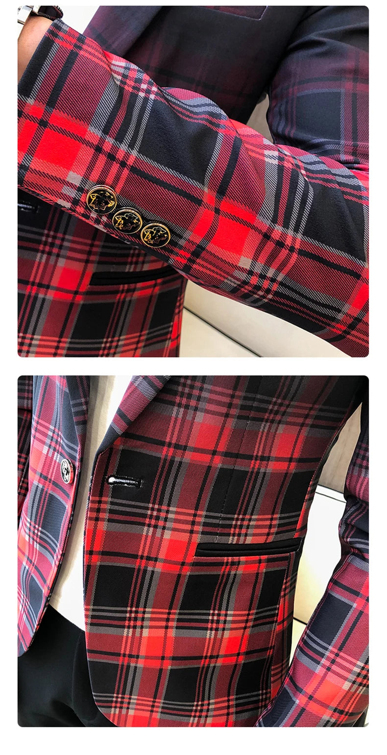 Blazer Men Boutique Fashion Plaid Men's Slim Casual Suit Jacket Male Ball Social Blazer Suit Coat Host Clothing Good Vibrations