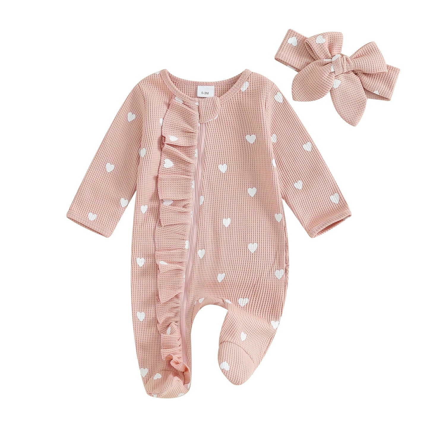 Pudcoco Baby Girls Valentines Day Foot Cover Jumpsuit Long Sleeve Crew Neck Heart Print Ruffle Zipper Footies with Headband 0-6M Good Vibrations