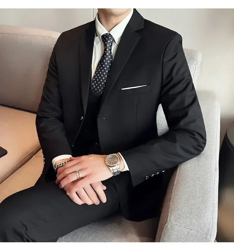 Suit (suit +Vest+Pants) Formal Business Men Four Seasons Professional Fashion Gentleman Solid Color Outdoor British Style Suit