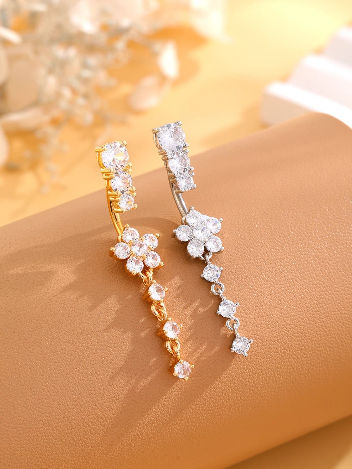 Gold Color Stainless Steel Belly Button Ring Long Dangled Flower CZ Crystal Navel Belly Piercing Rings for Women Sexy Jewelry Good Vibrations Adult Super Store