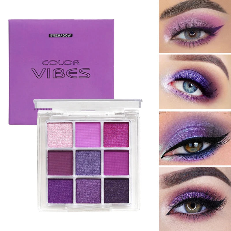 9 Colors Glitter Eyeshadow Palette Purple Violet Shimmer Pearlescent Matte Acrylic Eye Shadows Palette Waterproof Eye Make Up Good Vibrations
