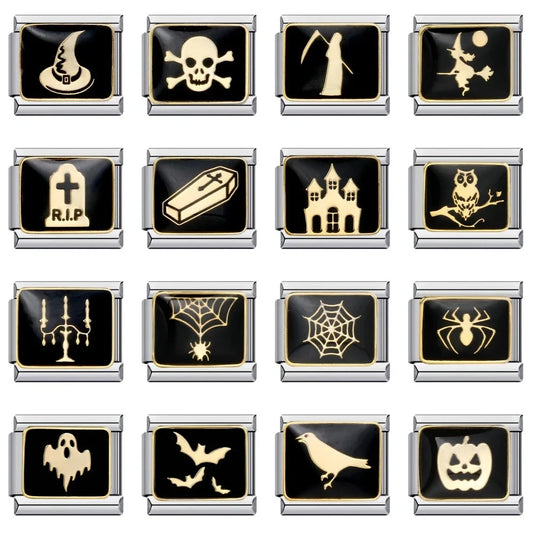 Goth Vintage Black Glaze Skull Raven Ghost Halloween Day's Charm Links Fit 9mm Bracelet Stainless Steel Making DIY Jewelry Good Vibrations