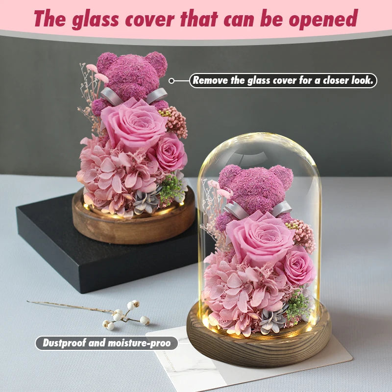 Valentine's Day Gift for Girlfriend Eternal Preserved Rose Flower Gift Box Teddy Bear Eternal Flower with Lights Gift for Women Good Vibrations