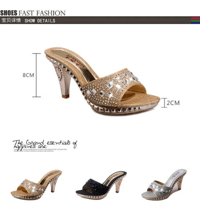 Summer Women Sandals Rhinestone Women Shoes Sexy High Heels Shoe Ladies Sandalias Gold Silver Women Slippers Heeled Sandals Sexy Good Vibrations