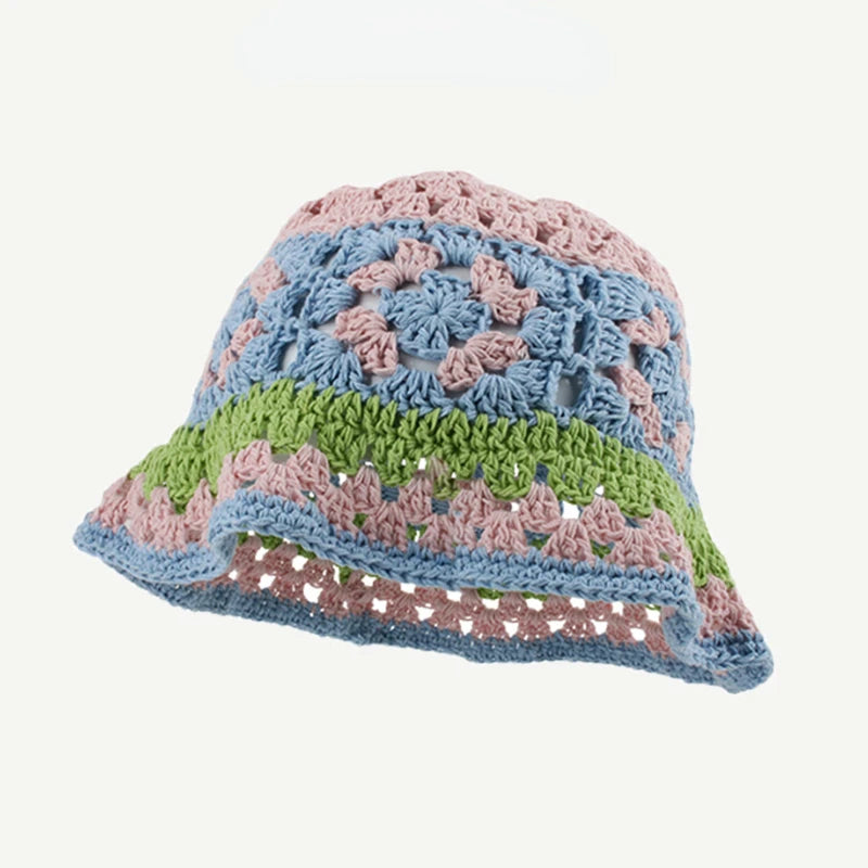 2024 Spring New Crochet Hat Korean Handmade Bucket Hat Women's Weaving Knitted Hat Y2k Fashion Flowers Autumn Winter Ins Beanies Good Vibrations