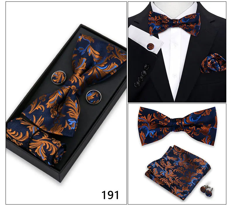 Bowtie For Men Set Gift Box Business Gift Fashion Bow Tie Pocket Square Cufflinks Set Bowtie 3pcs For Wedding Hanky Cravata Neck