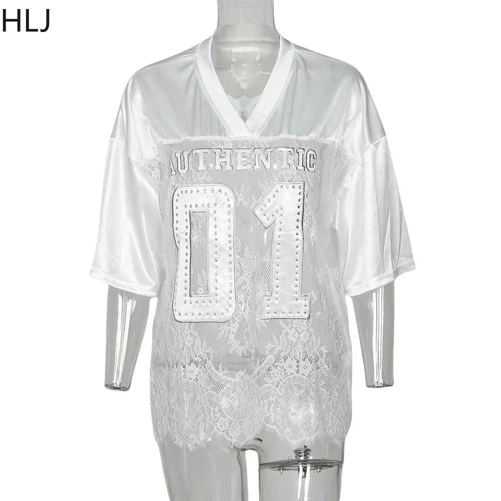 HLJ&GG Fashion Lace See Though Patchwork Two Piece Sets Women V Neck Short Sleeve Loose Top+Skinny Shorts Outfits Sexy Clubwear GOOD Vibrations