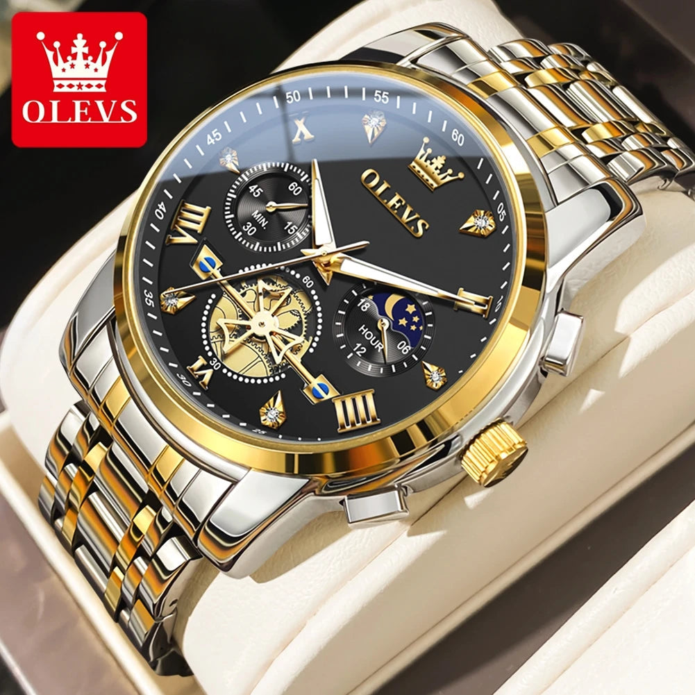OLEVS Men's Watches Classic Multifunctional Fltwheel Chronograph Original Quartz Wristwatch Moon Phase 24 Hour Waterproof reloj Good Vibrations