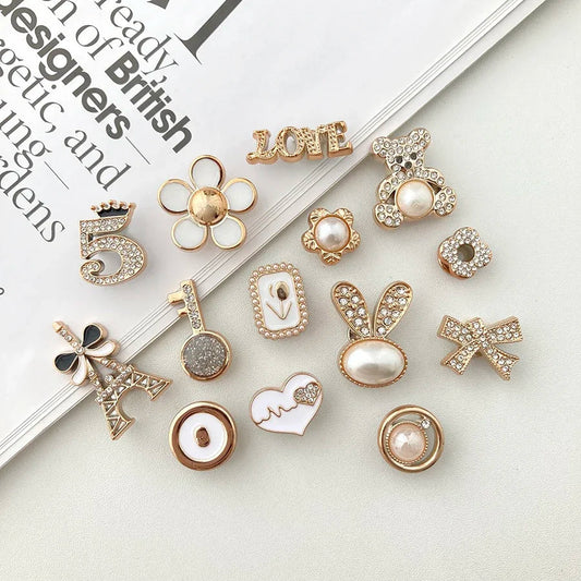 14pcs Sparkling Rhinestone Faux Pearl Shoe Charms Pins Set DIY Detachable Decorative Accessories Suitable For CROCS Clogs Good Vibrations