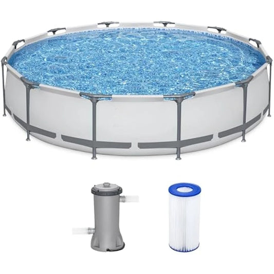 12 Foot by 30 Inch Round Above Ground Swimming Pool Set Outdoor Metal Frame Family Pool with Filter Pump Good Vibrations