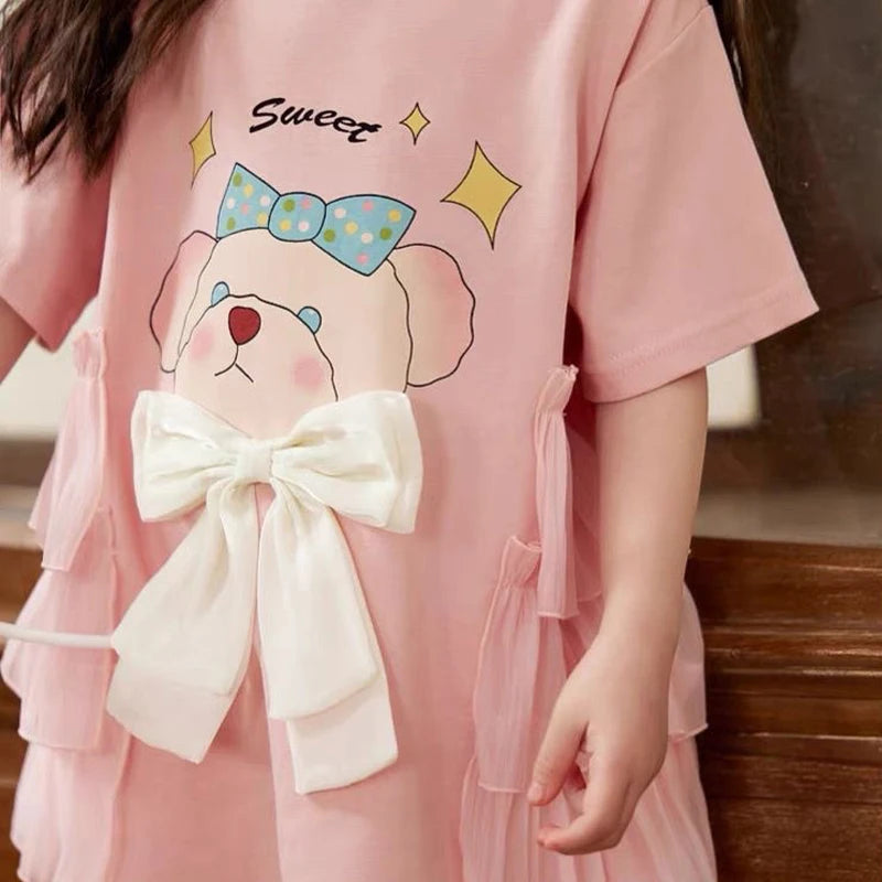 Girls Short Sleeved Dress Summer Girl long T-shirt Skirt 3-10 Years Old Fashionable Cartoon Children Clothing Good Vibrations