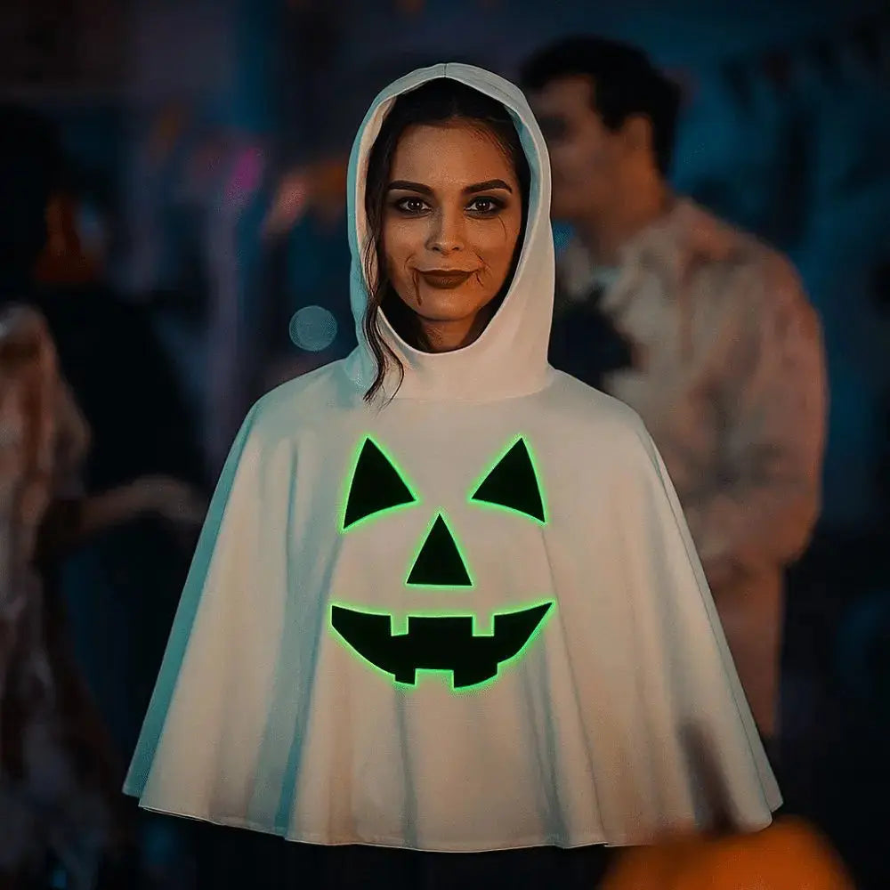 Halloween Noctilucent Pumpkin Cloak Fun Glowing Ghost Face Shawl Clothing Prop with Hat Ghost Hooded Cloak Stage Performance Good Vibrations