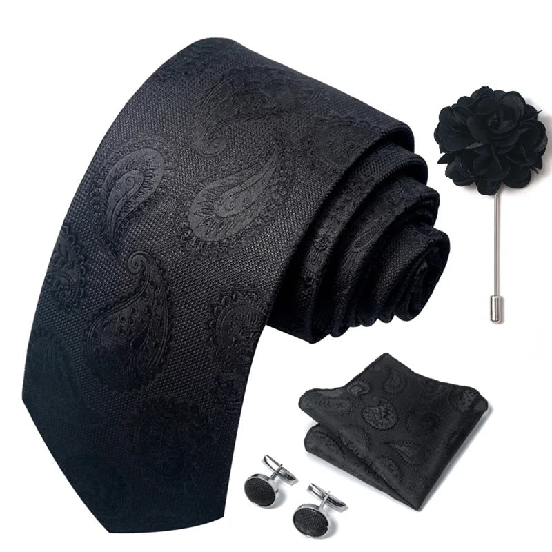 Luxury Mens Ties Floral Black Gold Ties Paisley NeckTie Pocket Square Cufflinks Brooch Set Men's Wedding Party Tie Good Vibrations