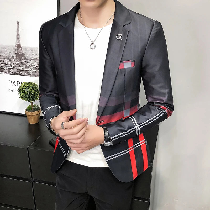 Blazer Men Boutique Fashion Plaid Men's Slim Casual Suit Jacket Male Ball Social Blazer Suit Coat Host Clothing Good Vibrations