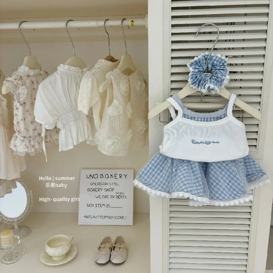 Girls Set Summer Outfit Sweet Bow Letter Suspender Blue Checkered Lace Skirt Two Piece Set 2025 New Children Clothing Good Vibrations