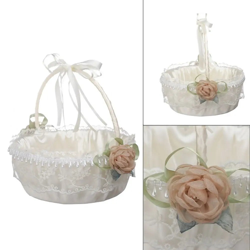 Fashion Lace Wedding Flower Basket Rose Flower Ribbon Bow Satin Bow Hanbag Tote Bag Storage Bag Flower Girls Basket Party Good Vibrations