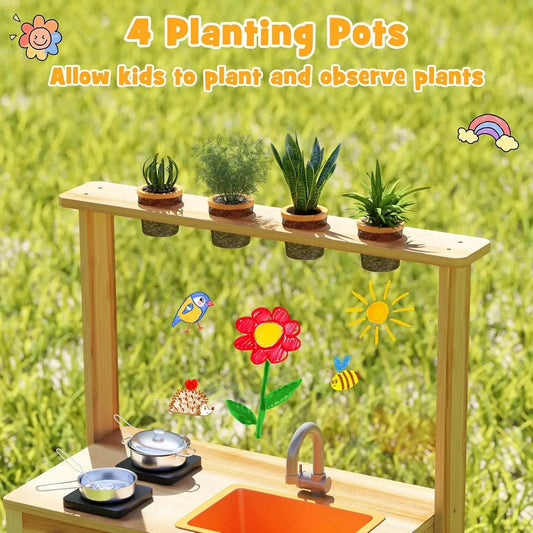 Mud Kitchen, Fir Wood Outdoor Play Kitchen for Toddlers, 4 Planting Cups, Cookware, Faucet & Sink, DIY Acrylic Board & Blackboar Good Vibrations