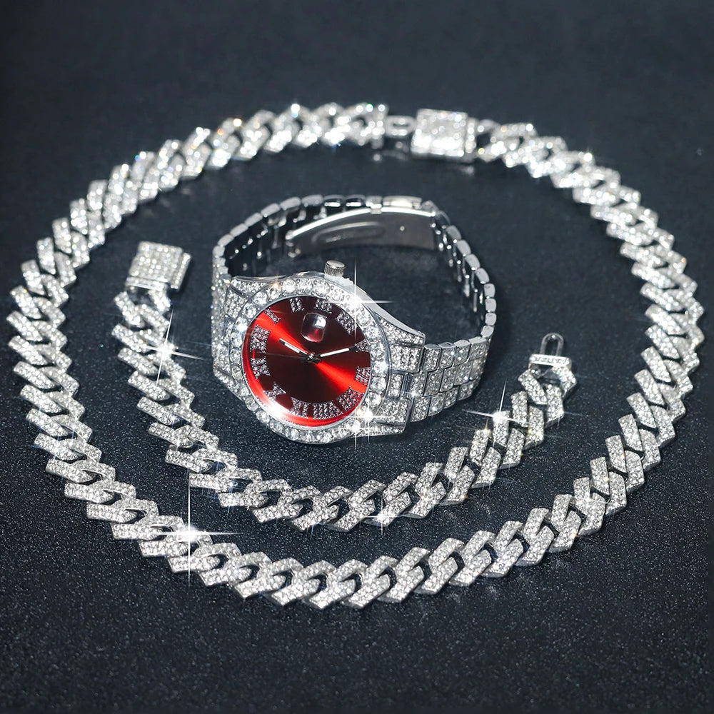 3pcs Men's Silver Watch Set Hip-hop Punk Inlay Diamond Watch+Cuban Chain+Bracelet Comes With Strap Adjuster Stylish Jewelry Gift Good Vibrations