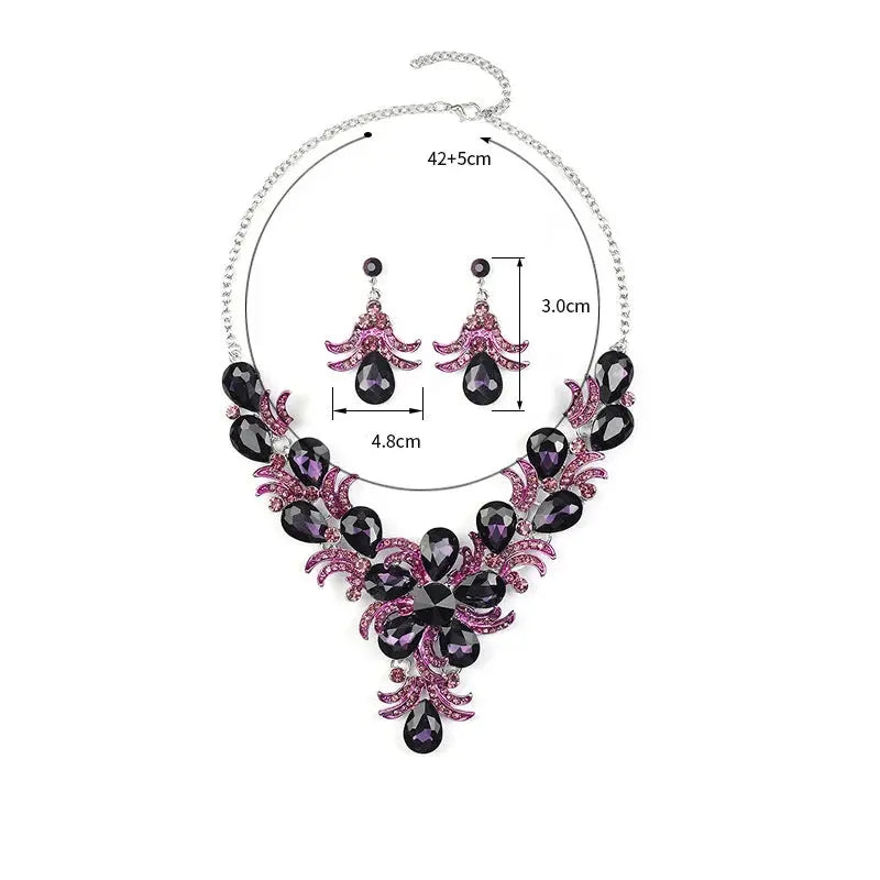 Purple Jewelry Set Wholesale Wedding Accessories Luxury Crystal Rhinestone Flower Statement Earrings and Necklace for Women Good Vibrations