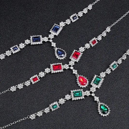 Bridal Jewelry Set Wholesale Silver Plated Red Green Blue Crystal Rhinestone Drop Earrings and Luxury Wedding Necklace for Women Good Vibrations