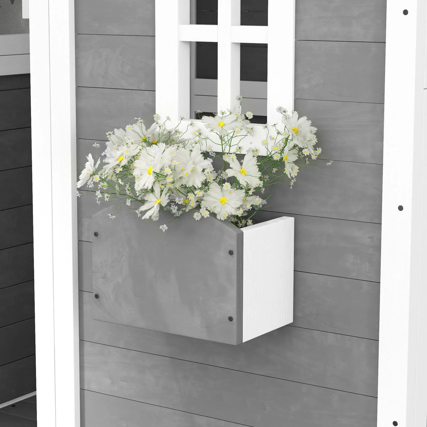 Outsunny Playhouse for Kids, Outdoor Wooden Playhouse with Floor, Door, Windows & Planter Box for 3-8 Year Olds, Backyard Good Vibrations