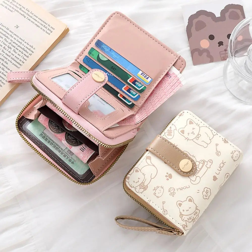 Cute Cat Coin Purse Women Fashion Short Wallet PU Leather Large Capacity Wallet Lightweight ID Card Holder Travel Cash Coin Bag Good Vibrations