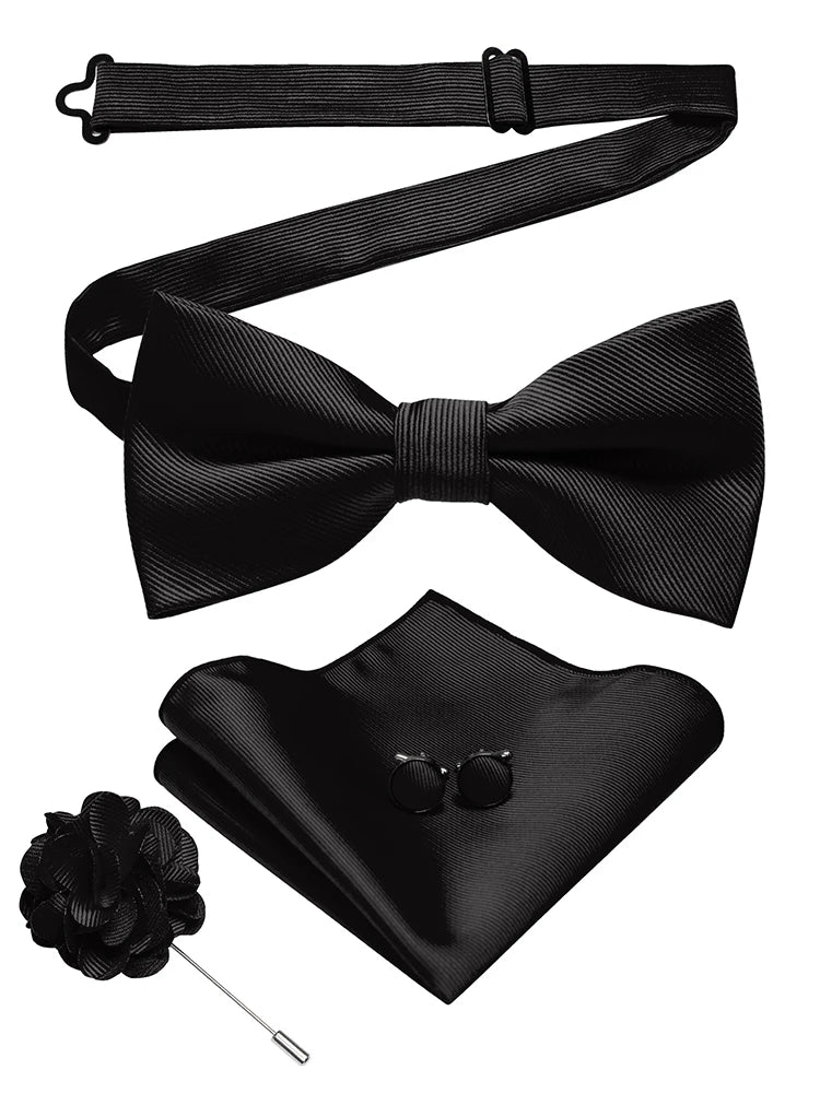 Wedding Bow Tie for Men Solid Pink Pre-tied Bowtie Pocket Square Cufflinks Corsage Set Party Business Silk Butterfly Knot Gift Good Vibrations