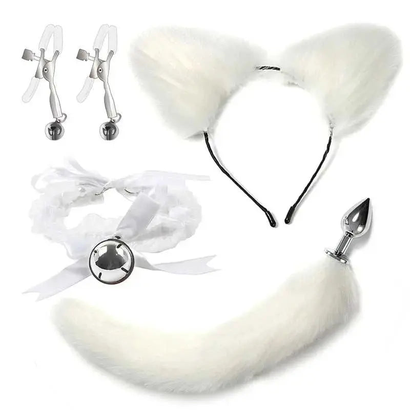 VaHppy SM BDSM Sex Toy Sets role-playing Fox 5pcs/lot Plush Anal Plug Tail Bell Collar Mouth Plugs White/Black/Pink Couple games GOOD Vibrations