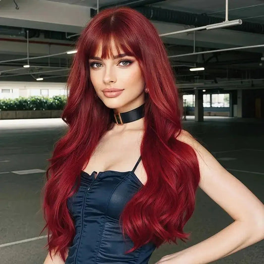 Wine Red Synthetic Wig for Women With Natural Wavy Long Curls, Suitable for Daily Cosplay, Heat-Resistant Full Head Cover Good Vibrations