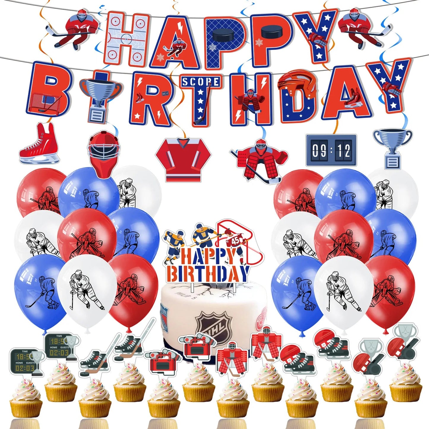 Hockey Themed Birthday Party Decorations Balloons Set Happy Birthday Banner Cake Topper Sports Theme ice hockey Party Supplies Good Vibrations