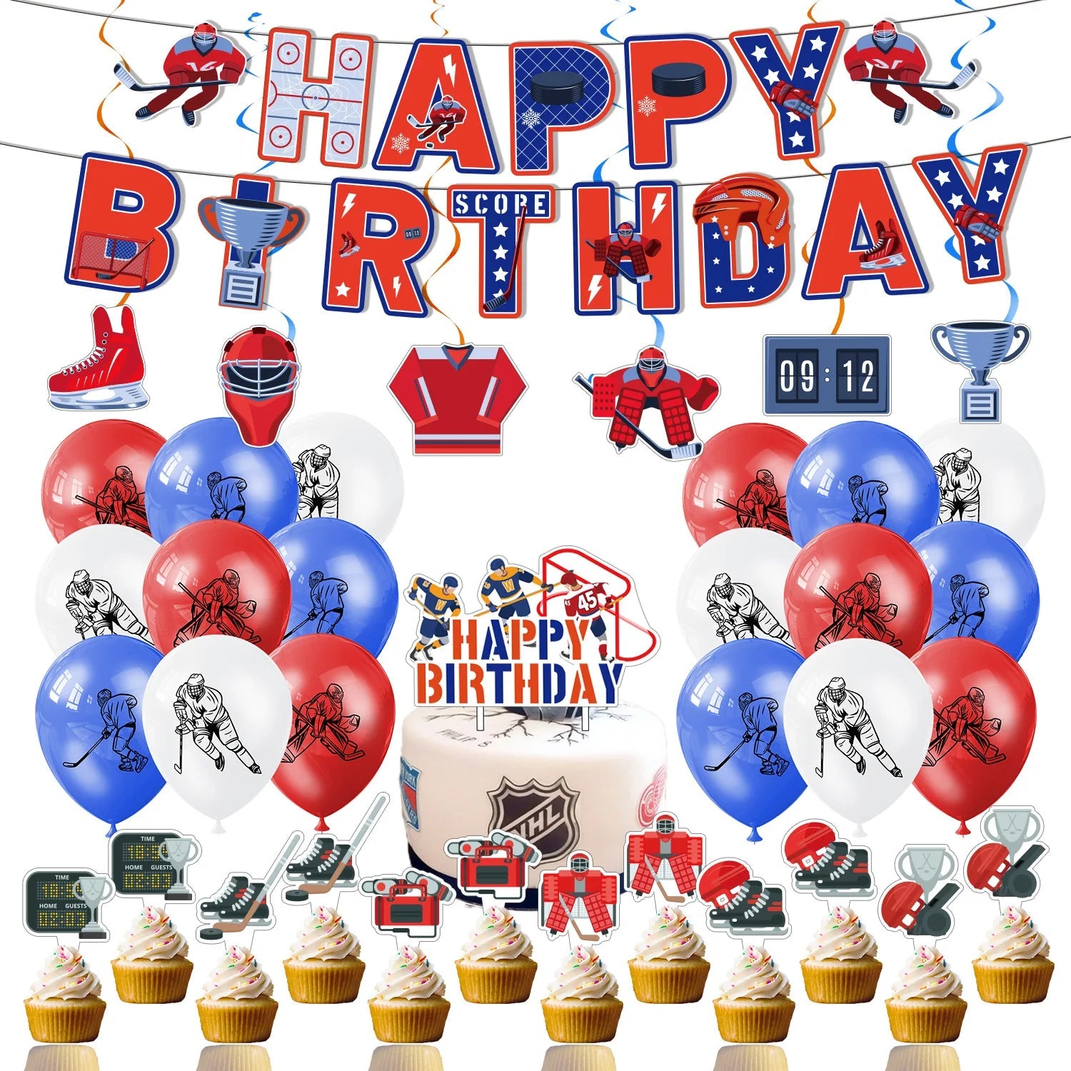 Hockey Themed Birthday Party Decorations Balloons Set Happy Birthday Banner Cake Topper Sports Theme ice hockey Party Supplies Good Vibrations