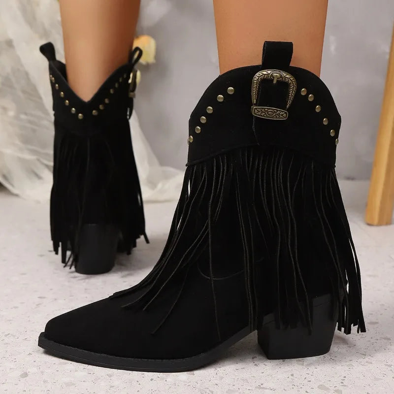 Short-thigh Boots Autumn New Pointed Toe Sleeve Metal Buckle Non-slip Wear-resistant Block Heel Shoes Good Vibrations