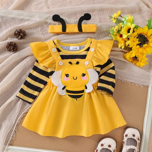 FOCUSNORM 3pcs Lovely Baby Girls Autumn Clothes Sets Flying Sleeve Solid/Striped Romper Embroidery Suspender Dress Headband Good Vibrations