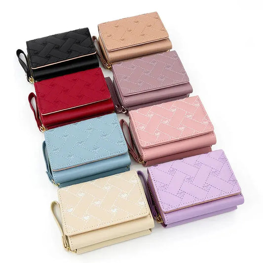 New women's short purse simple embroidered love PU three fold bag card bag multi-card wallet clip coin pouch coin purse Good Vibrations