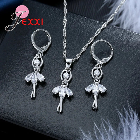 Charm 925 Sterling Silver Necklace Earrings Chain Jewelry Sets for Women Gorgeous Crystal Dacing Girls Wedding Party Accessory Good Vibrations