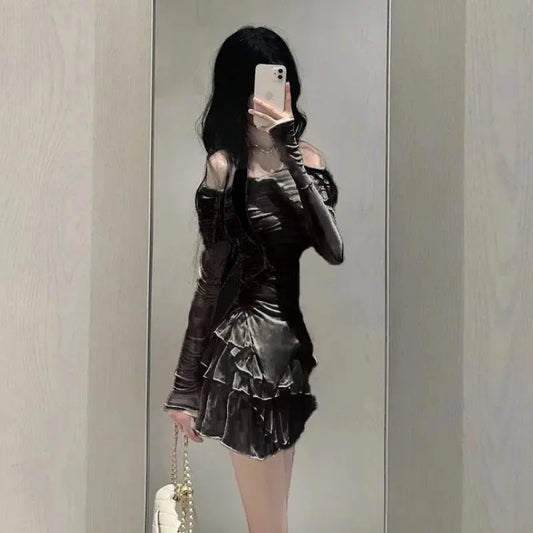 cold-shoulder Tops Mini Cake Skirt Suit Slim Kawaii Y2k Clothes