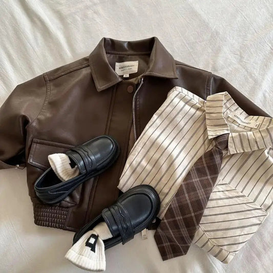2-10Y Baby Boys Girls Zipper Jackets Brown PU Leather Lapel Collar Coats Korean Style Autumn Single Breasted Toddler Cardigans Good Vibrations