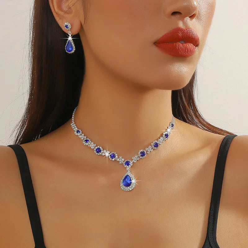 2pcs/set Jewelry Sets Women Elegant Waterdrop Rhinestone Pendant Necklace stud Earrings Wedding Dress Bridal Jewelry Set Good Vibrations