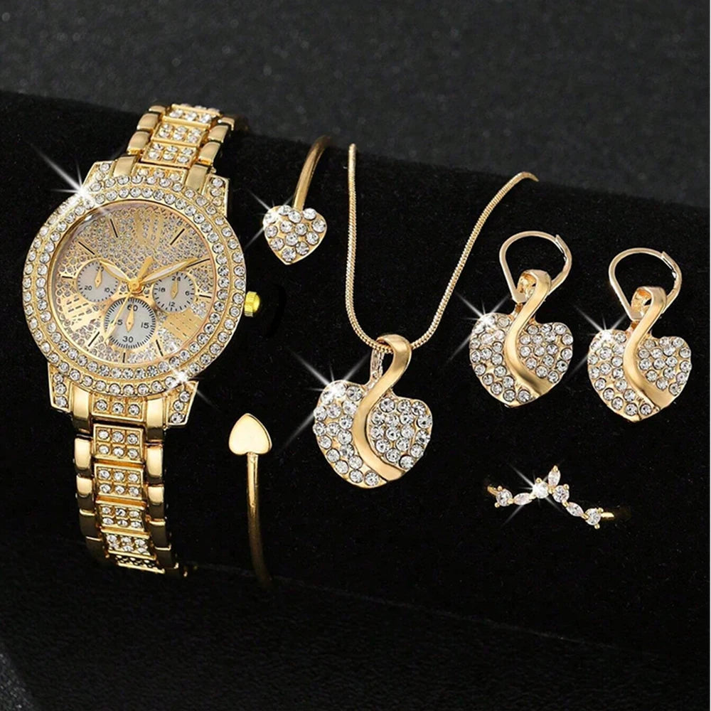 Women's Quartz Watch Gold Luxury Women Ring Necklace Earring Rhinestone Fashion Wristwatch Casual Ladies Watches Jewelry Set  Good Vibrations