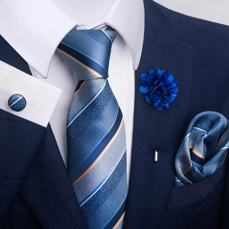 Luxury Mens Ties Floral Black Gold Ties Paisley NeckTie Pocket Square Cufflinks Brooch Set Men's Wedding Party Tie Good Vibrations