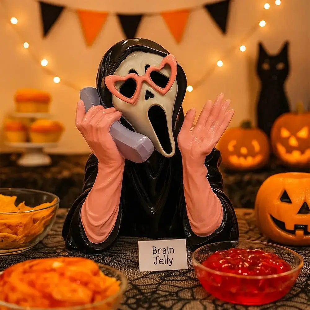 Pink Halloween Ghost Figurine Luminous Resin Screaming Face Ghost Statue Spooky Hand-Painted Glowing Ghost Ornament Good Vibrations